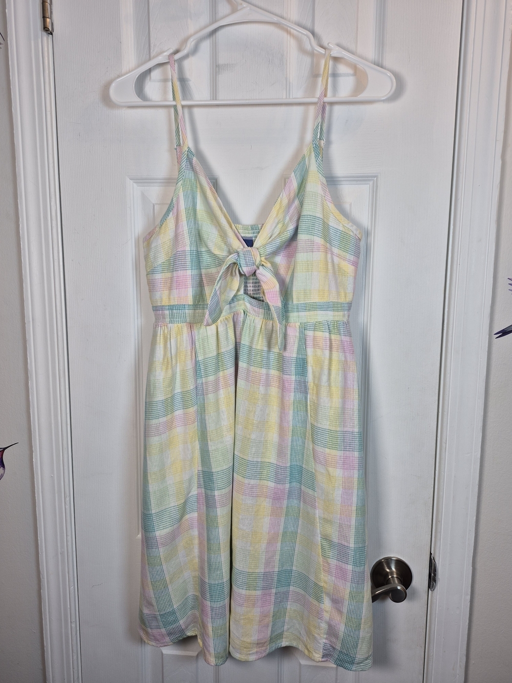 Old Navy Fit & Flare Tie-Front Smocked Pastel Print Plaid Linen Cami Mini Dress